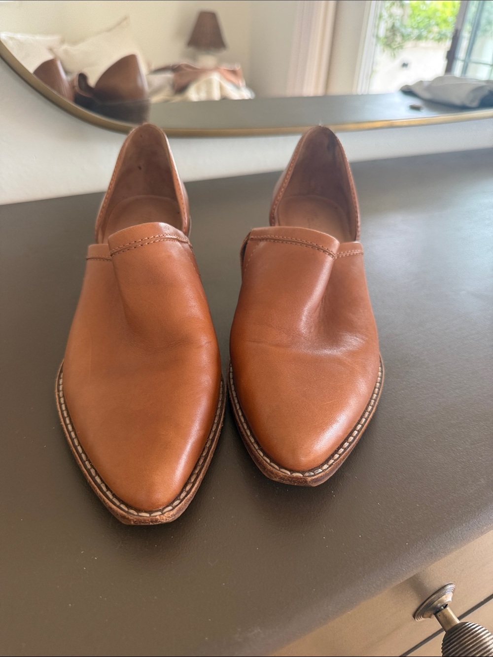 Madewell Cognac Leather Pointed Toe D'Orsay Mules | Block Heel